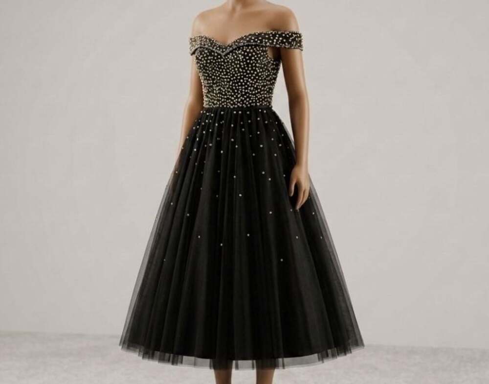 Black Pearl Beaded Off-Shoulder Tulle Midi Ballgown